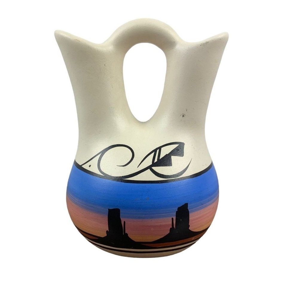 Navajo Clay Wedding Vase‎ Native American Signed Southwestern Sunset Desert 8"